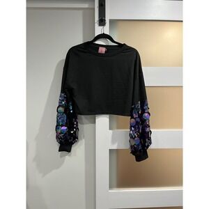 Alex Vinash New York Black Cropped Sweatshirt Iridescent Sequin Sleeves Size S/M
